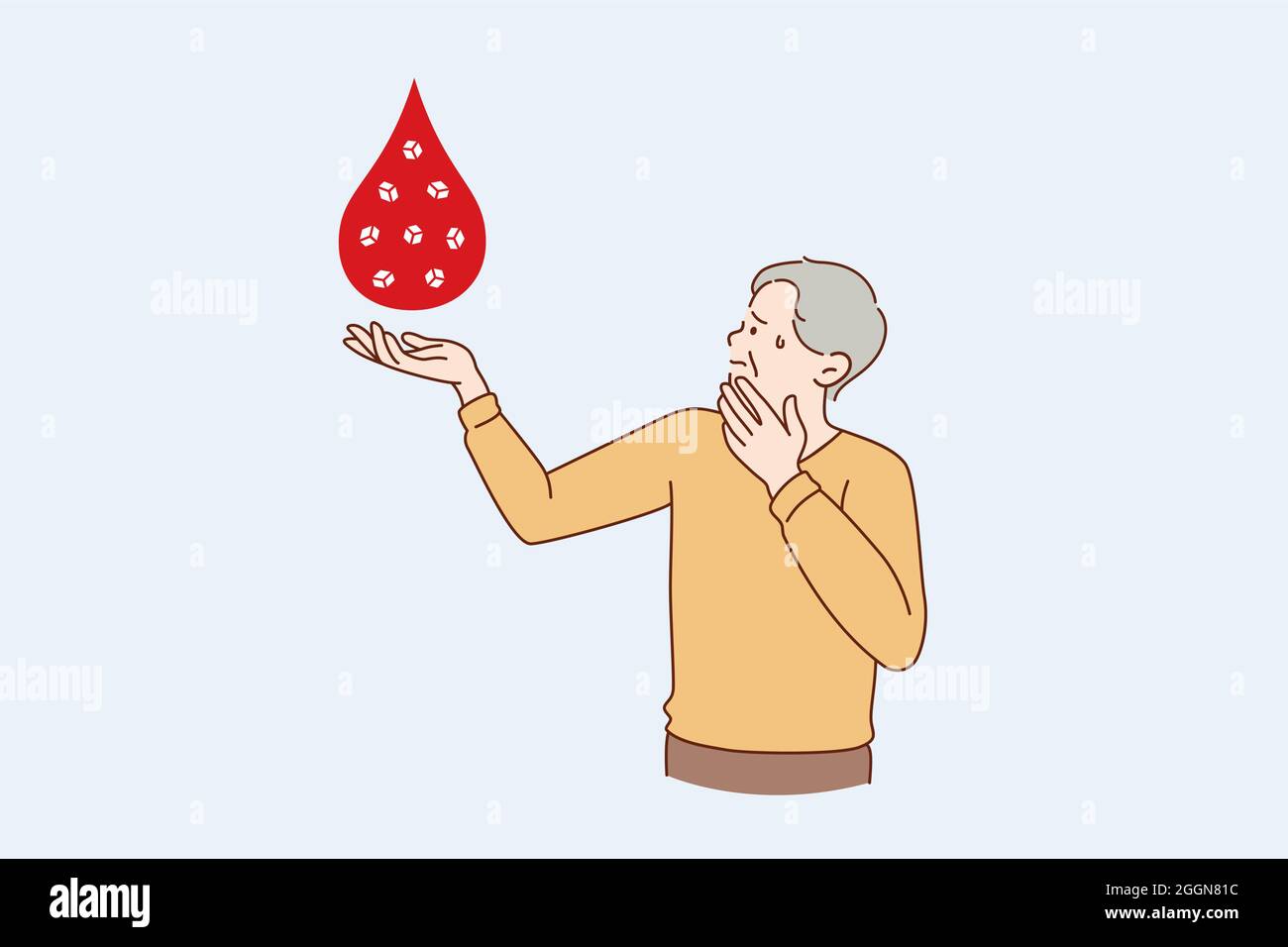 Donazione di sangue e aiuto concetto. Vecchio malato uomo in piedi tenendo un enorme goccia di sangue a portata di mano toccando il mento e la testa per la donazione di beneficenza vettore illustrazione Illustrazione Vettoriale