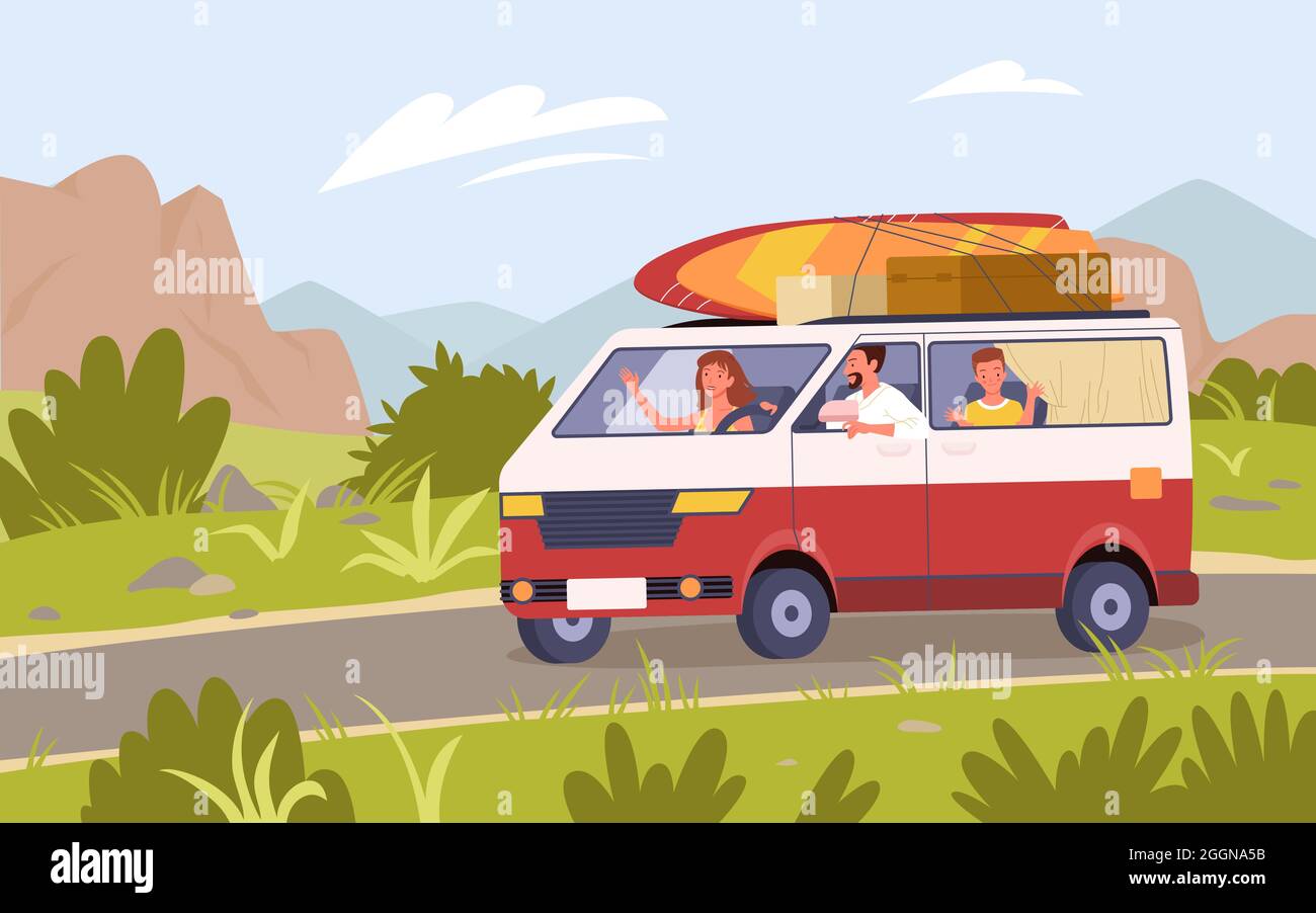 I turisti di famiglia viaggiano in auto bus camper su strada, vacanza estiva avventura Illustrazione Vettoriale