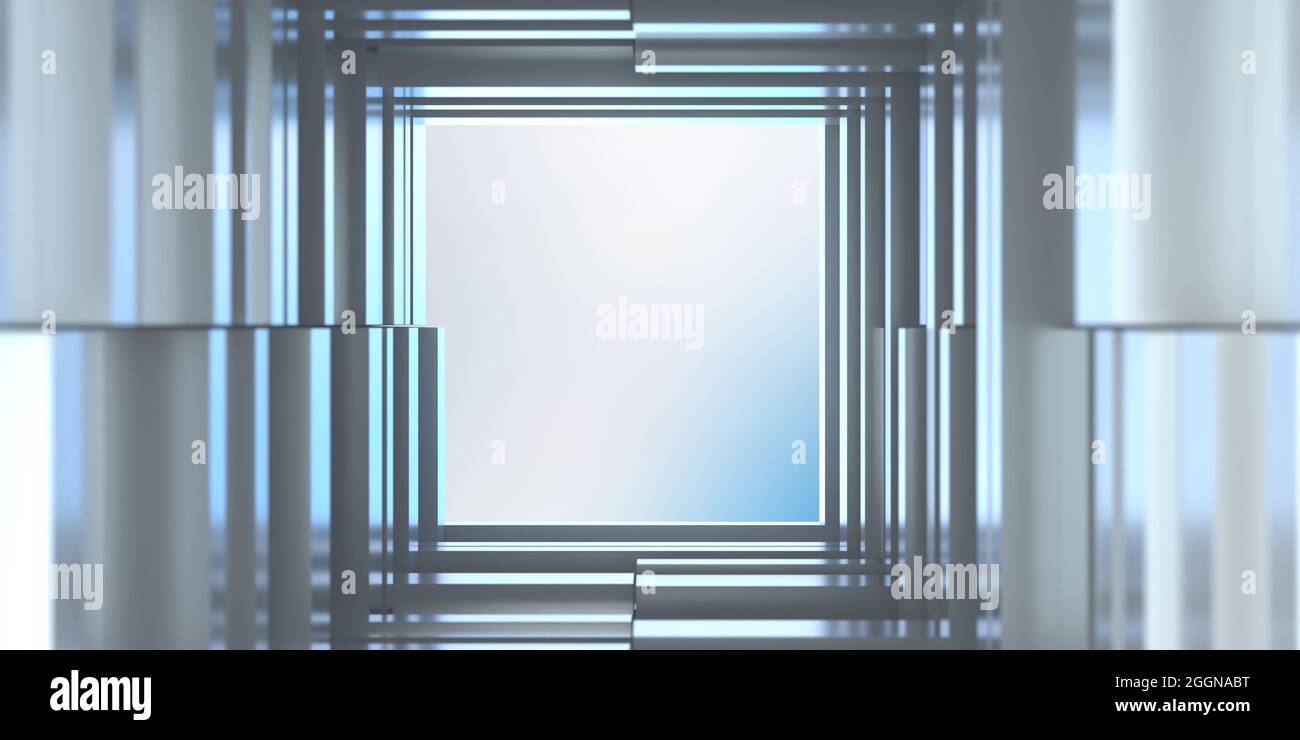 Futuristica struttura geometrica attorno ad un grande foro quadrato, colore grigio, luce bianca dall'apertura. Sfondo greeble astratto. Finestra verso il cielo Foto Stock