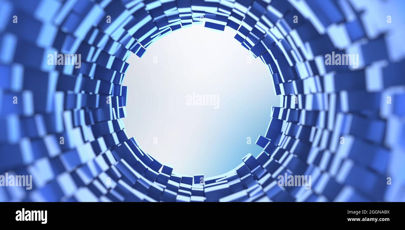 Futuristica struttura geometrica attorno a un grande buco, colore blu, luce bianca sul fondo rotondo, vista dall'alto verso il basso. Sfondo greeble astratto. 3d il Foto Stock