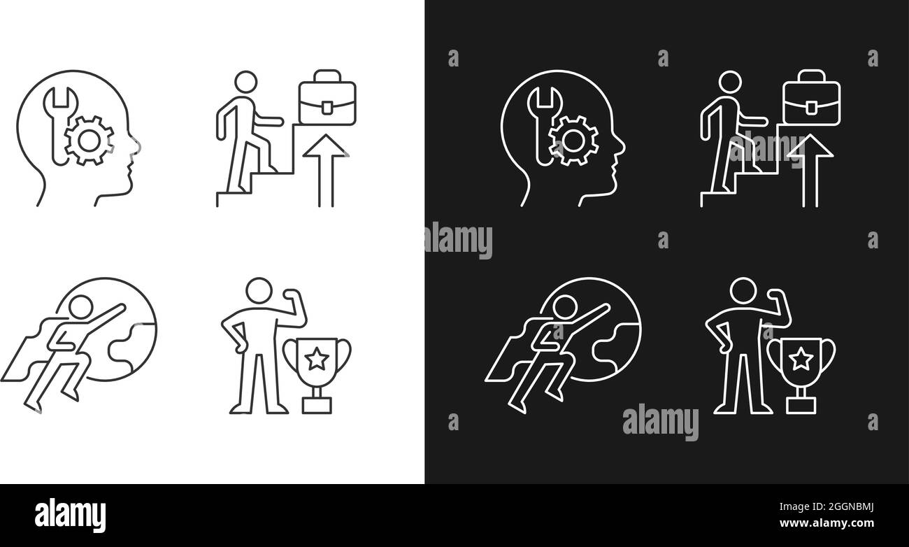 Motivazione al lavoro icone lineari impostate per la modalità buio e luce Illustrazione Vettoriale