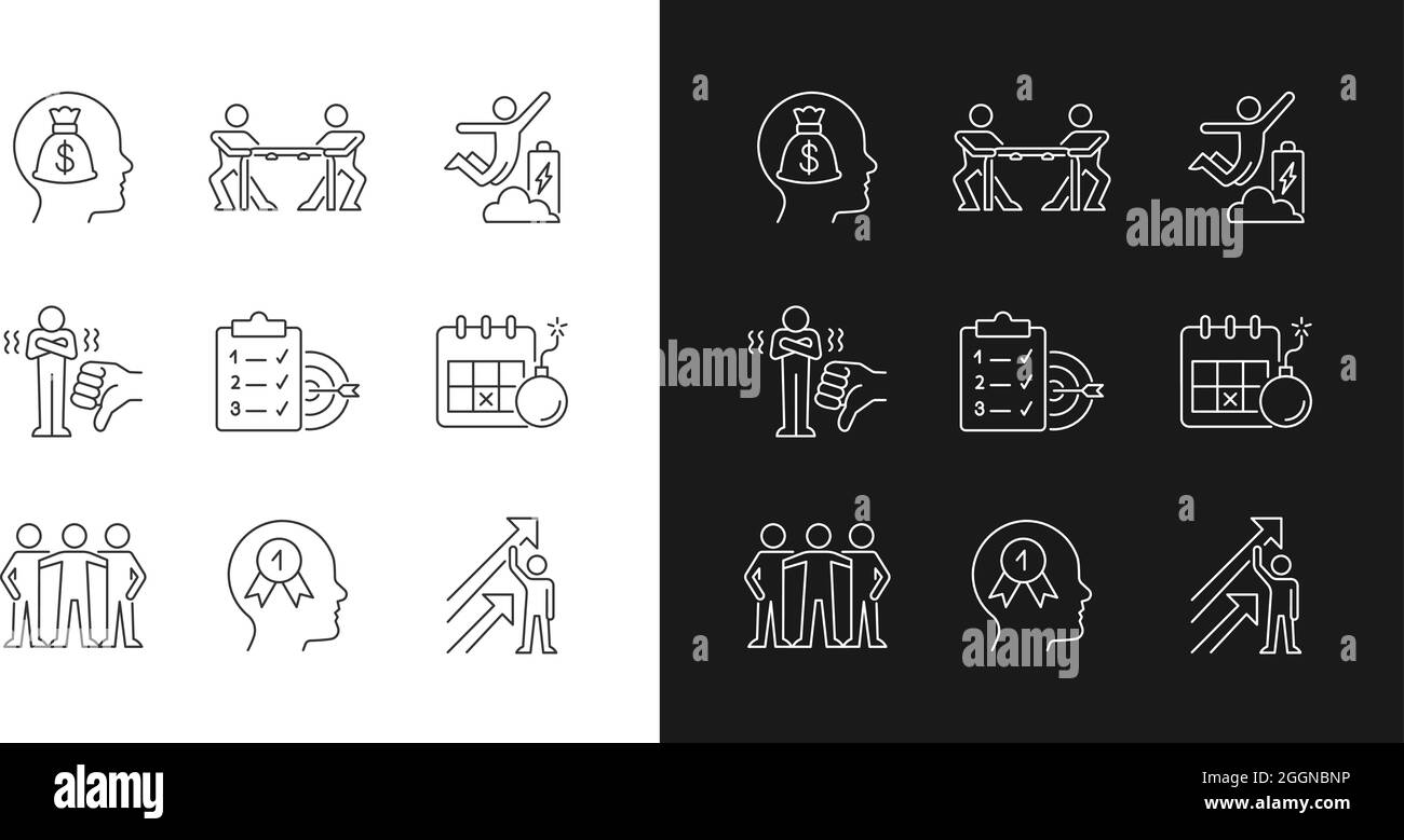 Icone lineari stimolo motivazione impostate per la modalità buio e luce Illustrazione Vettoriale