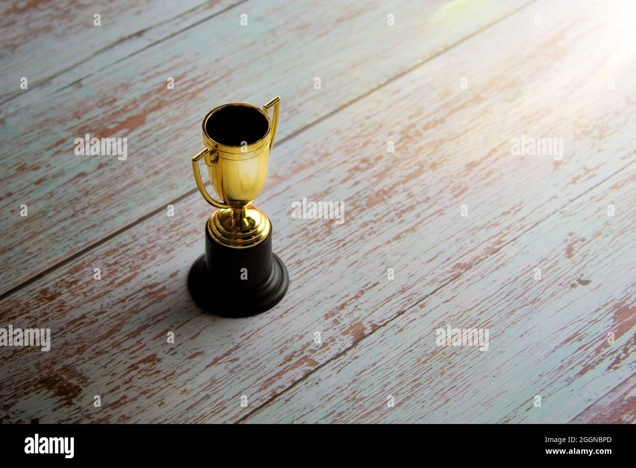 Coppa d'oro lucido su tavola in legno Foto Stock