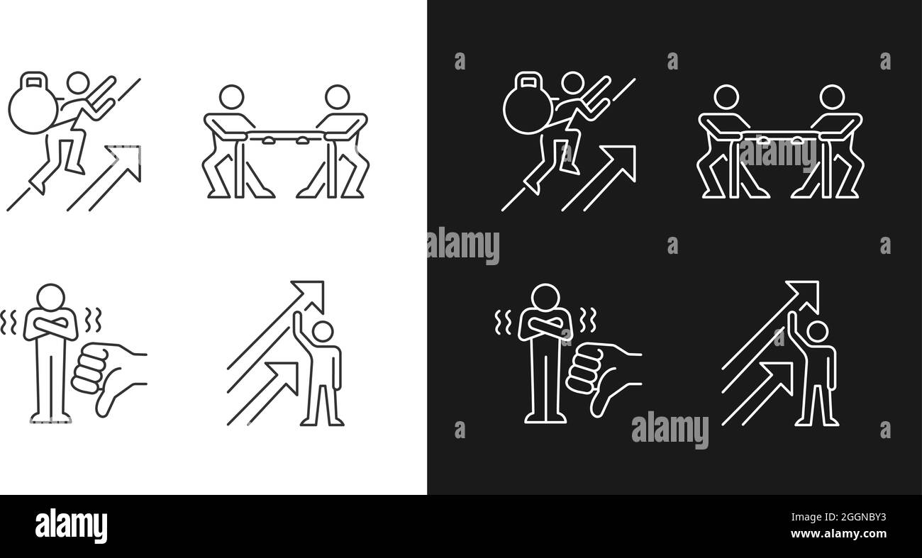 Complicazioni di motivazione e risultati icone lineari impostate per la modalità buio e luce Illustrazione Vettoriale