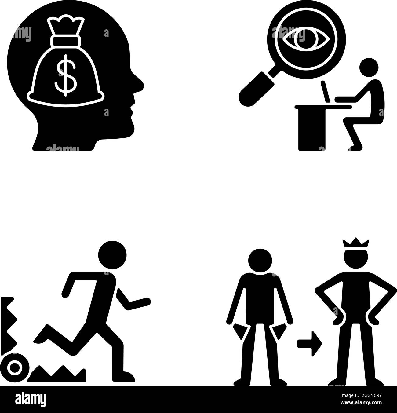 Motivazione estrinseca icone glyph nero impostate su spazio bianco Illustrazione Vettoriale