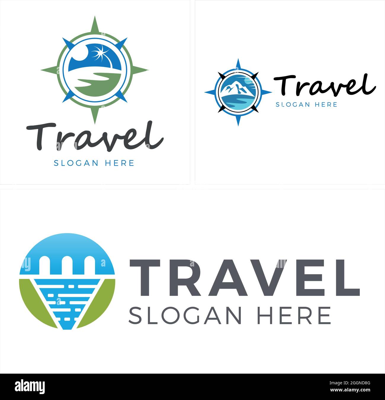 Viaggio avventura mare montagna vacanza logo design Illustrazione Vettoriale