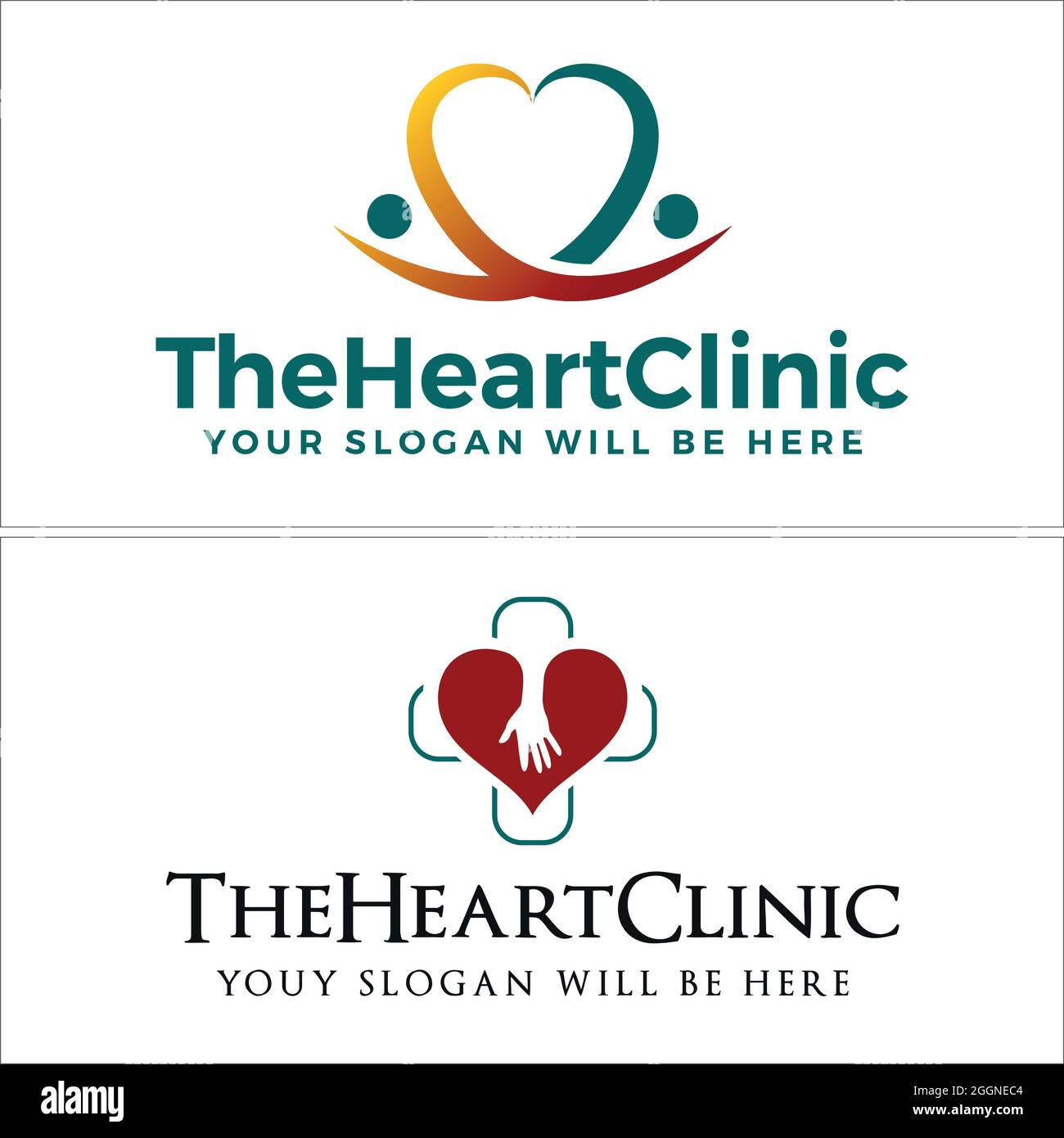 Design del logo della croce medica per la cura dei cuori moderni Illustrazione Vettoriale