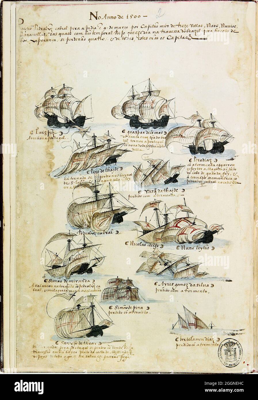 La flotta di Pedro Álvares Cabral nel 1500. Da Livro das Armadas. Museo: Academia das Ciências de Lisboa. Autore: anonimo. Foto Stock