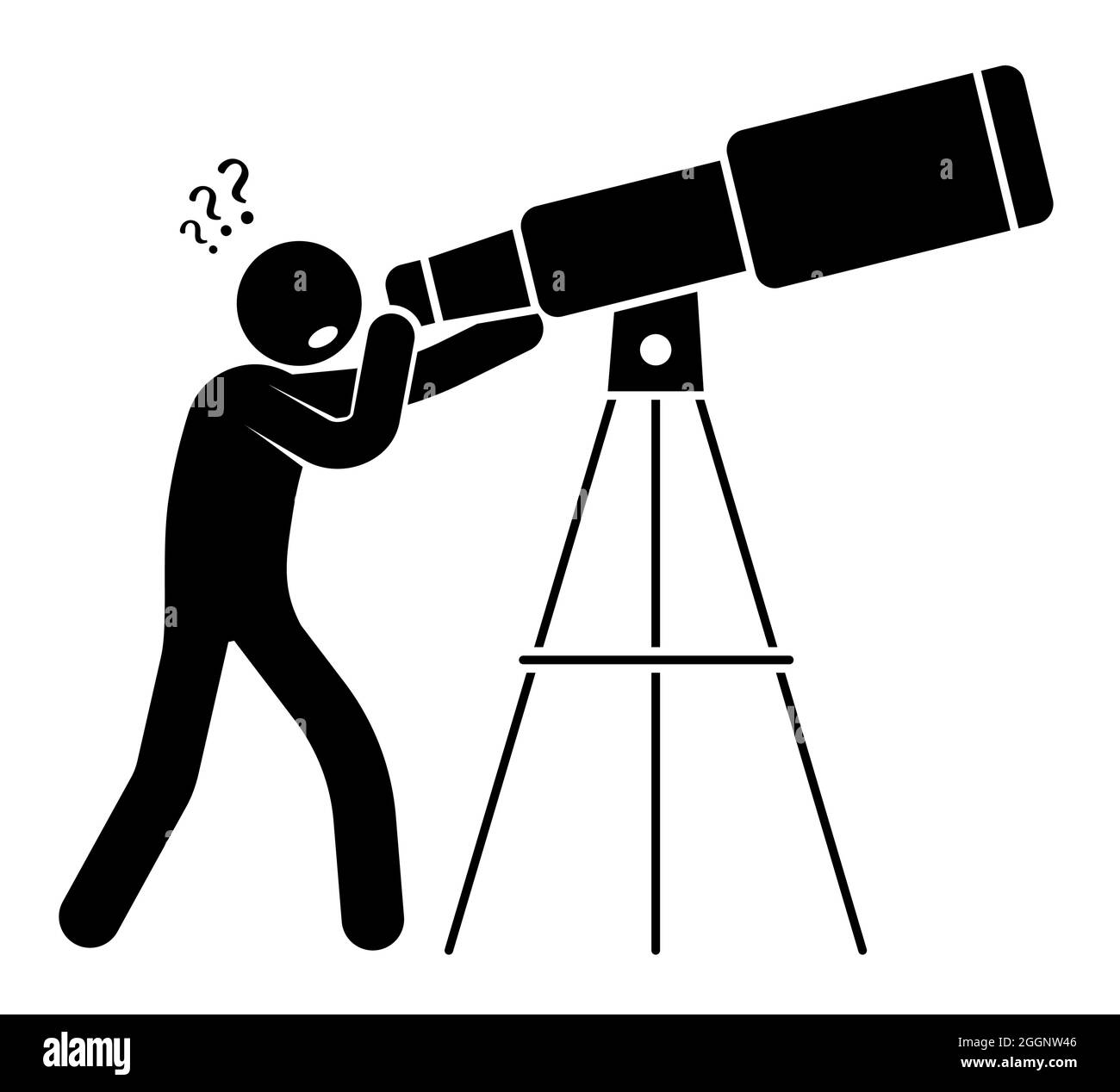 Scienziato, bastone uomo osserva con Telescope stelle e pianeti del sistema solare. Esplorazione dello spazio. Semplice vettore bianco e nero isolato su bac bianco Illustrazione Vettoriale