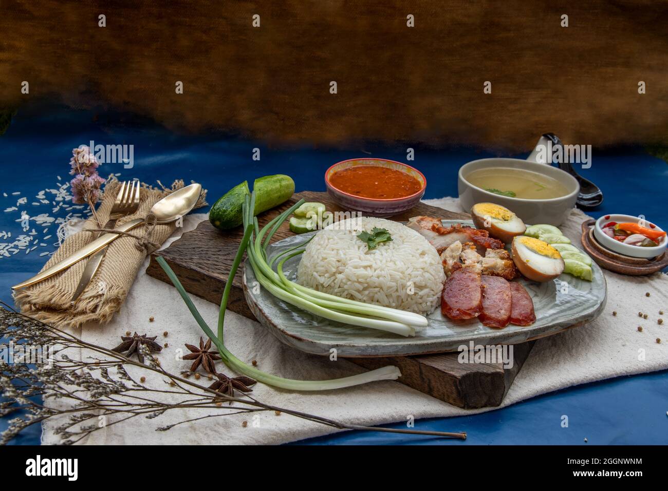 Maiale rosso con riso (Kao Moo Dang) : maiale alla griglia rossa alla tailandese, uovo d'anatra e pancia di maiale croccante, cetrioli affettati con salsa rossa e brodo. Foto Stock