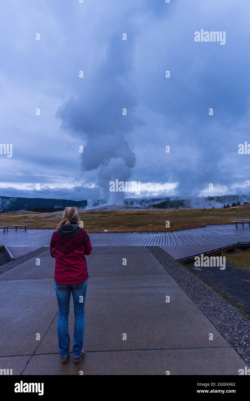 Parco nazionale di Yellowstone, Wyoming - 20 agosto 2021: Donna in piedi che guarda l'eruzione di Old Faithful Geyser presto al mattino Foto Stock