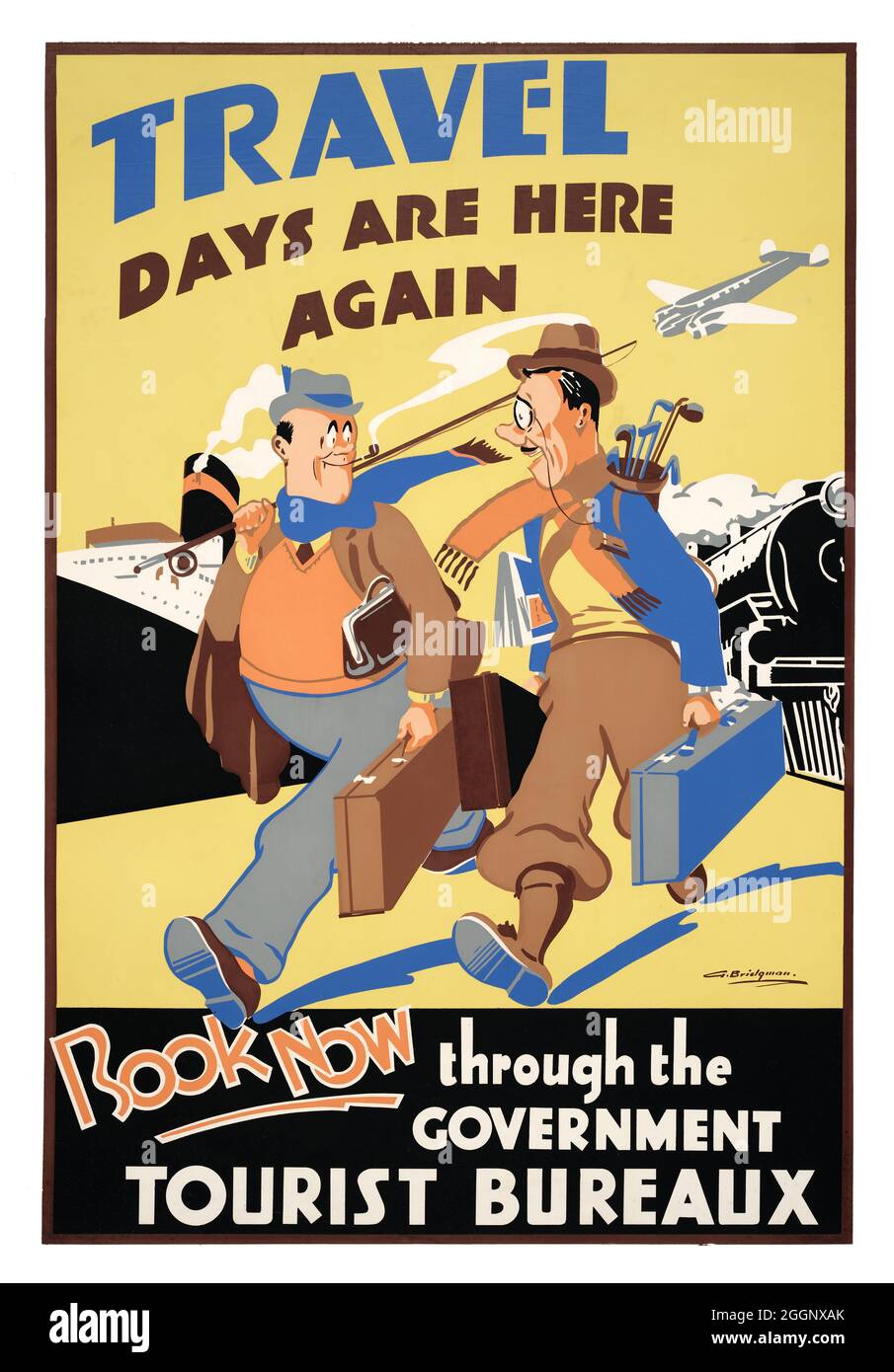 I giorni di viaggio sono di nuovo qui. Prenota ora attraverso il Government Tourist Bureaux di George Frederick Thomas Bridgman (1897-1966). Poster d'epoca restaurato pubblicato nel 1937 in Nuova Zelanda. Foto Stock