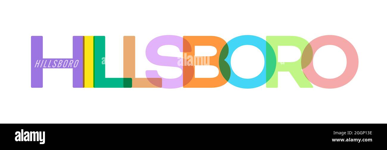 HILLSBORO. Il nome della città su sfondo bianco. Modello di disegno vettoriale per poster, cartoline, banner. Illustrazione vettoriale. Illustrazione Vettoriale