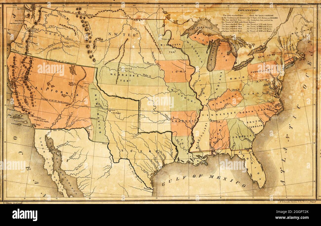 Questa mappa è stata presentata durante il messaggio annuale del presidente americano James K. Polk al Congresso nel dicembre 1848. Mostra la visione di Polk su come dividere il nuovo territorio acquisito attraverso il Trattato di Guadalupe-Hidalgo, alla fine della guerra messicano-americana. Il Messico cedette il 55% del suo territorio, comprese le parti dell'attuale Arizona, California, New Mexico, Texas, Colorado, Nevada, e Utah, negli Stati Uniti. Foto Stock