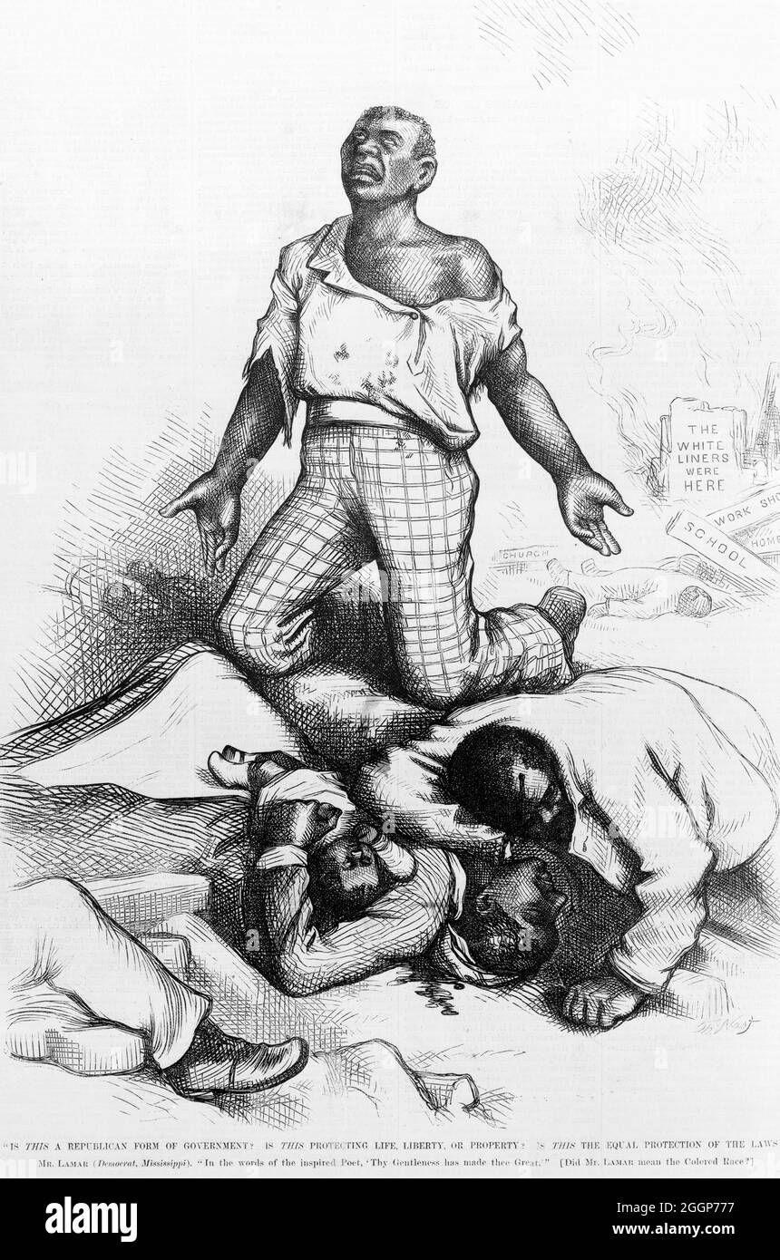 "Si tratta di una forma di governo repubblicana? È questa la protezione della vita, della libertà o della proprietà? E' questa la parità di tutela delle leggi?" Thomas Nast (1840-1902), illustratore. Sullo sfondo, dietro i corpi degli afroamericani, un cartello recita: "I White Liners erano qui”. La Lega Bianca, nota anche come Lega dell'uomo Bianco, era un'organizzazione terroristica paramilitare meridionale di colore bianco, iniziata nel 1874 per intimidire i liberisti di non votare o di non organizzarsi politicamente. Harper's Weekly, 1876. Foto Stock