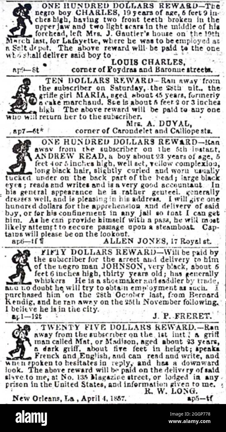 Avvisi di ricompense per gli schiavi runaway, il Daily Picayune, New Orleans, Louisana, 4 aprile, 1857. Foto Stock