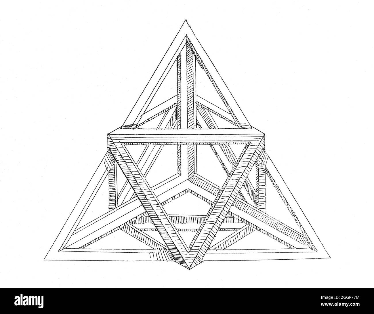 Incisione geometrica di una variazione poliedrica da 'A True and Cuty Instruction in Geometry', 1543, di Augustin Hirschvogel (1503‚Äì1553), che includeva esempi dei cinque solidi platonici - tetraedro, esahedron (cubo), ottaedro, dodecaedro, e icosahedron -- che, secondo Platone, erano i blocchi di costruzione del mondo del materiale. Foto Stock