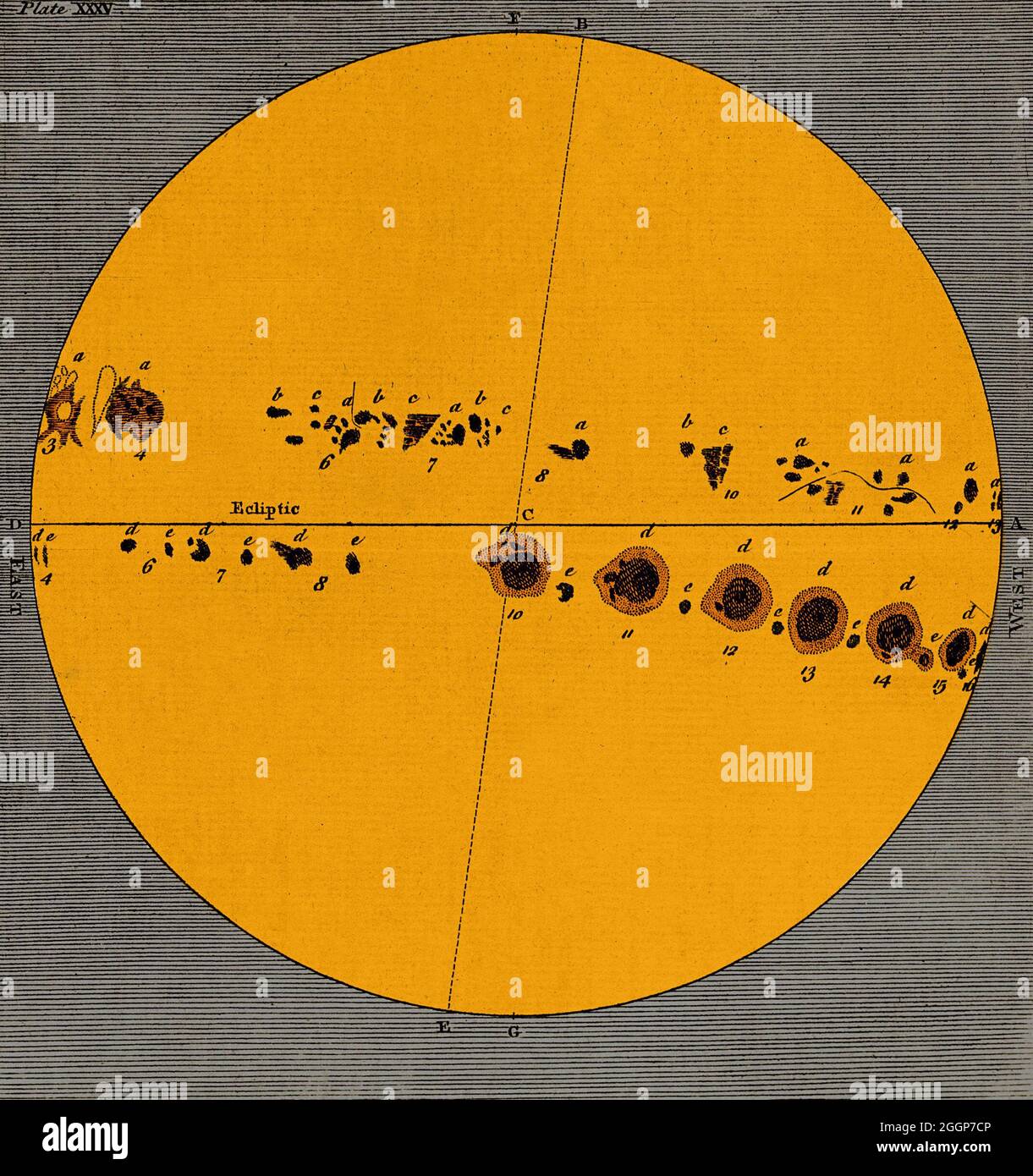 Diagramma del sole, che mostra il progresso dell'attività della macchia solare, il corso delle maculae solari sul disco del sole. Incisione di Seale, seconda metà del 18th secolo. Le macchie solari sono fenomeni temporanei sulla fotosfera del sole che appaiono come macchie più scure delle aree circostanti. Si tratta di regioni con temperatura superficiale ridotta causata da concentrazioni di flusso di campo magnetico che inibiscono la convezione. Colorato. Foto Stock