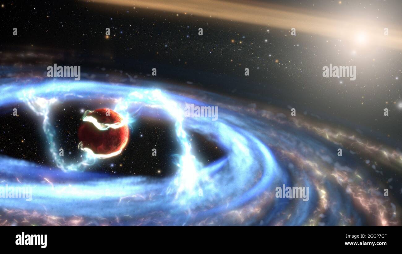 Illustrazione del nuovo exoplanet PDS 70b che si forma mostrando come il materiale può cadere sul mondo gigante quando si accumula massa. Foto Stock