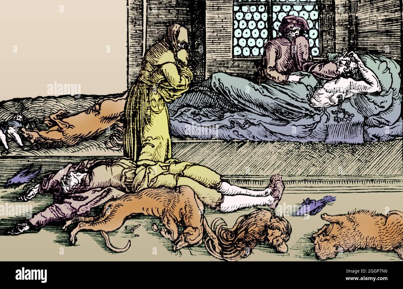 Illustrazione storica colorata delle vittime della peste. Foto Stock