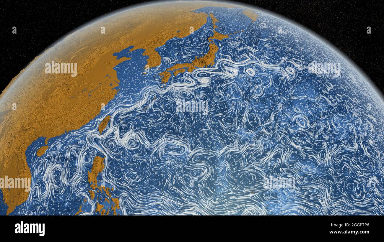 La corrente di Kuroshio, una corrente calda che scorre verso nord lungo il lato ovest dell'Oceano Pacifico, è mostrata in questa visualizzazione che sintetizza i dati satellitari e in situ dell'oceano globale e del ghiaccio marino dal 2005 al 2007. Foto Stock