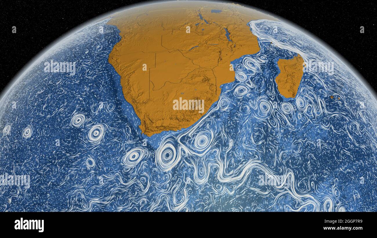 Le correnti oceaniche intorno alla costa meridionale dell'Africa sono mostrate in questa visualizzazione che sintetizza i dati satellitari e in situ dell'oceano globale e del ghiaccio marino dal 2005 al 2007. Foto Stock