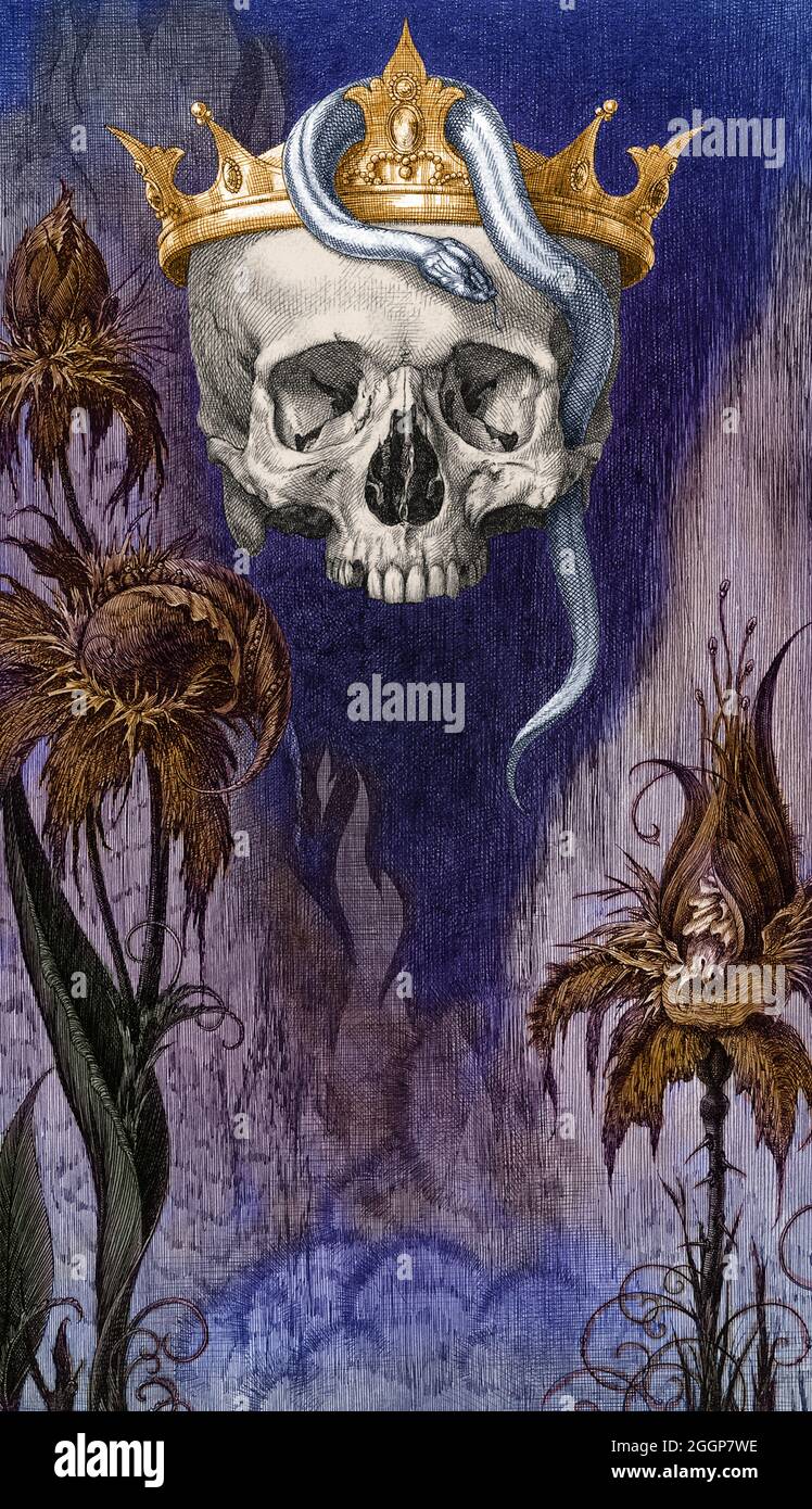Illustrazione storica colorata intitolata: 'il cranio coronato con serpenti e fiori, la duchessa di Malfi. Foto Stock