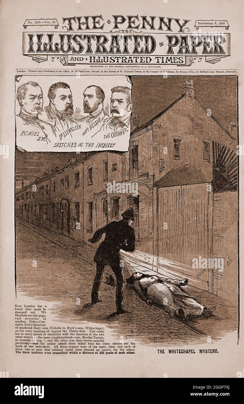 Copertina del Penny Illustrated Paper (8 settembre 1888) che mostra un poliziotto che trova il corpo di Mary Ann Nichols, una vittima del serial killer Jack lo Squartatore, che è stato attivo nel distretto di Whitechapel nel East End di Londra durante questo periodo. Foto Stock