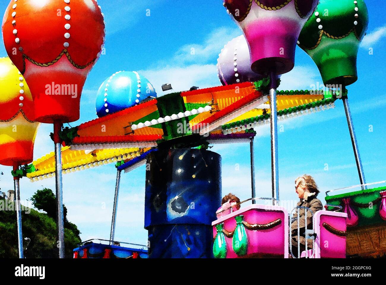Illustrazione multimediale di una gara in mongolfiera, giro di divertimento. Basato su Llandudno, giro sul molo di North Beach. Donna e bambino seduti. Foto Stock