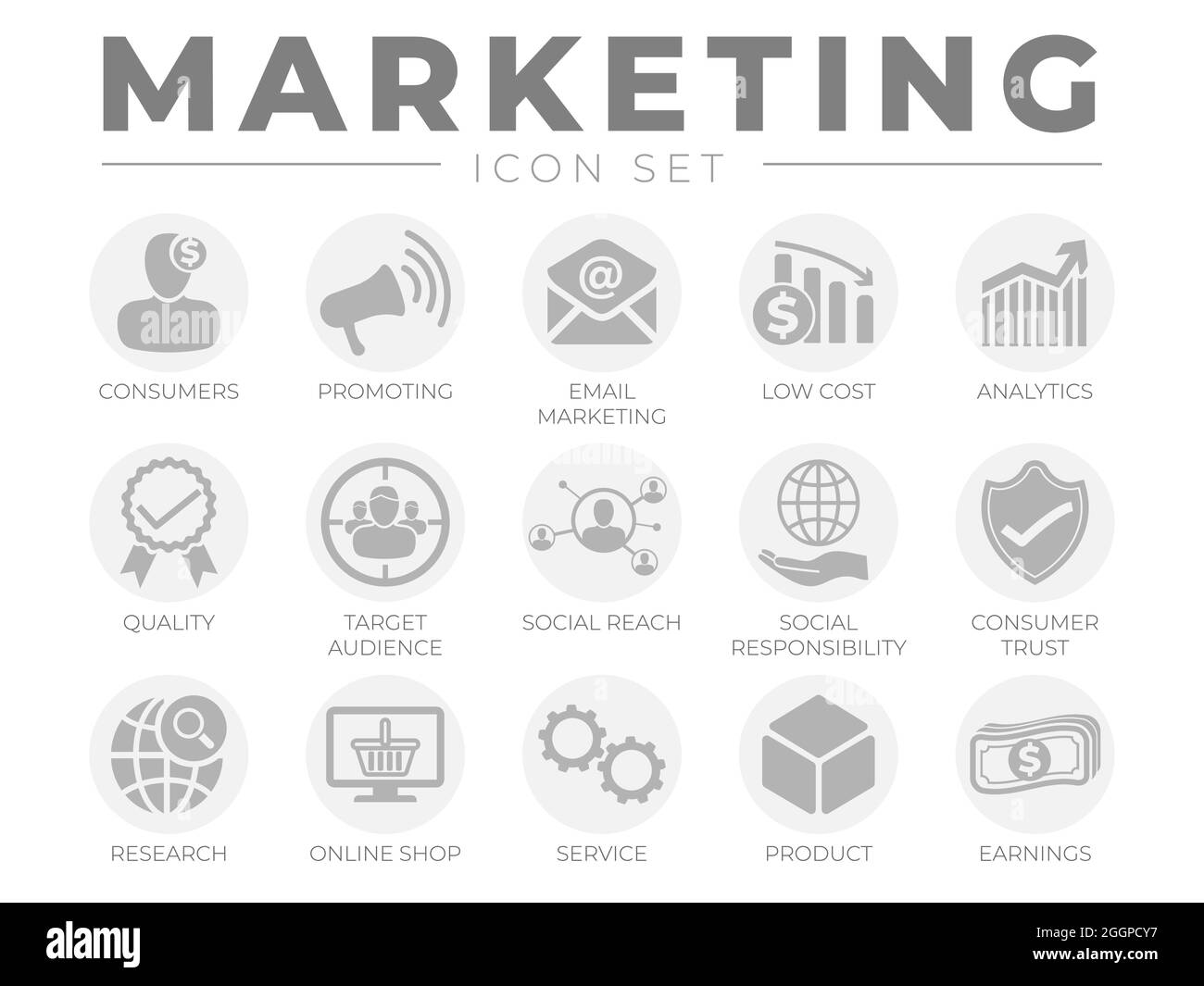 Set di icone Round Marketing. Consumatori, promozione, e-mail marketing, basso costo, analisi, Qualità, destinatari, sociale, fiducia, ricerca, Negozio online, Illustrazione Vettoriale