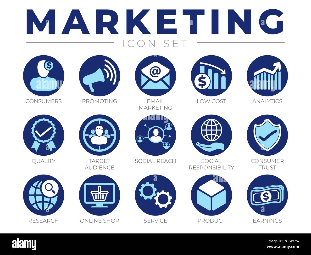 Set di icone marketing blu. Consumatori, promozione, e-mail marketing, basso costo, analisi, Qualità, destinatari, sociale, fiducia, ricerca, Negozio online, S Illustrazione Vettoriale