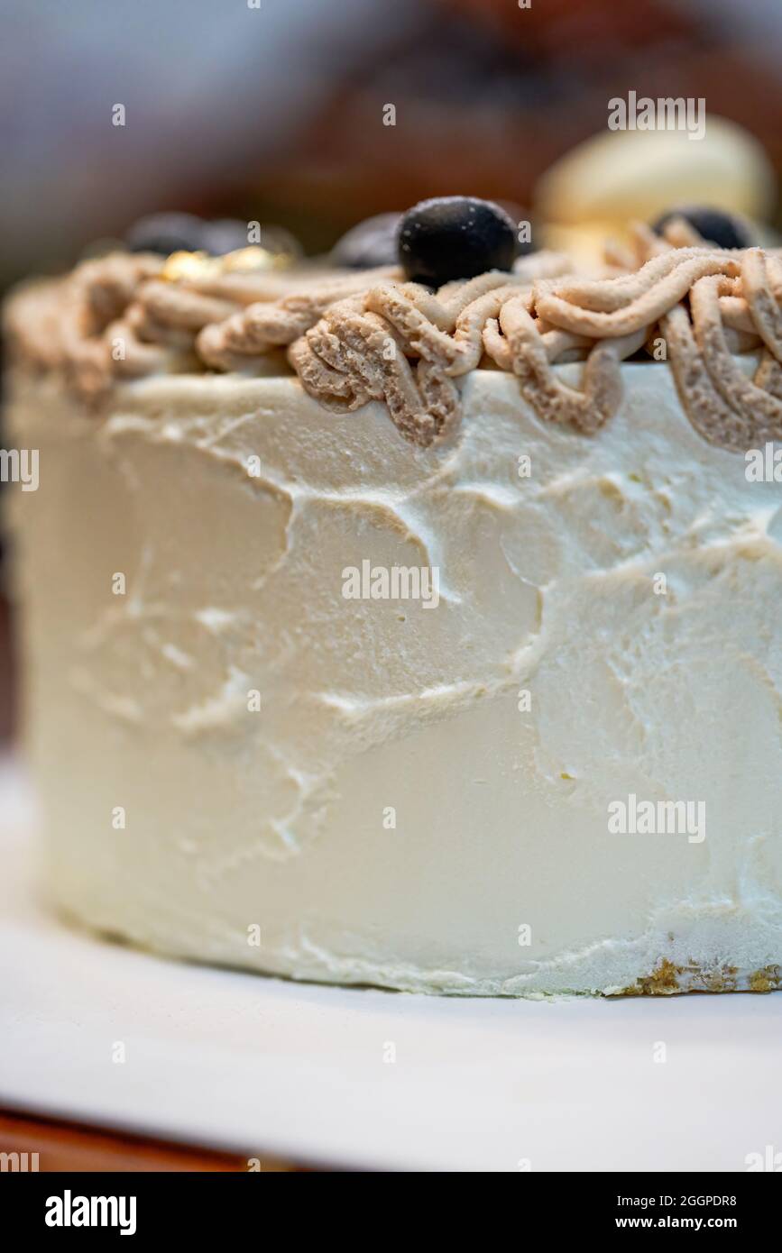 Primo piano di una deliziosa torta alla crema di mirtilli Foto Stock