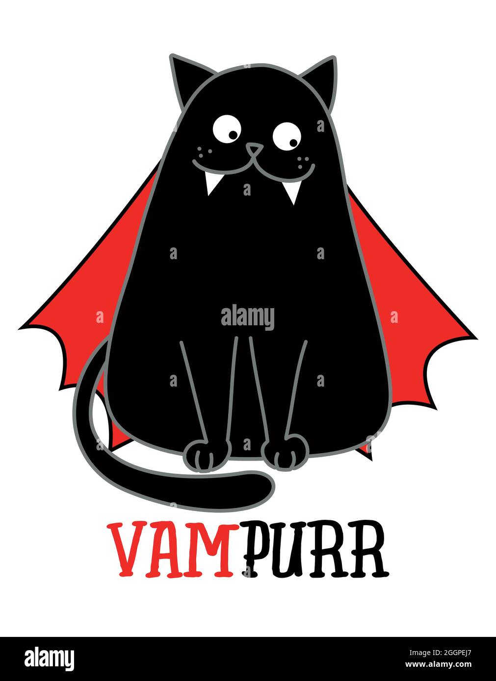 Happy Halloween, Vampurr, Vampire - divertente disegno di citazione con cute denti vampiro gatto nero. Gattino per la stampa. Adorabile poster gatto con lettere, buon f Illustrazione Vettoriale
