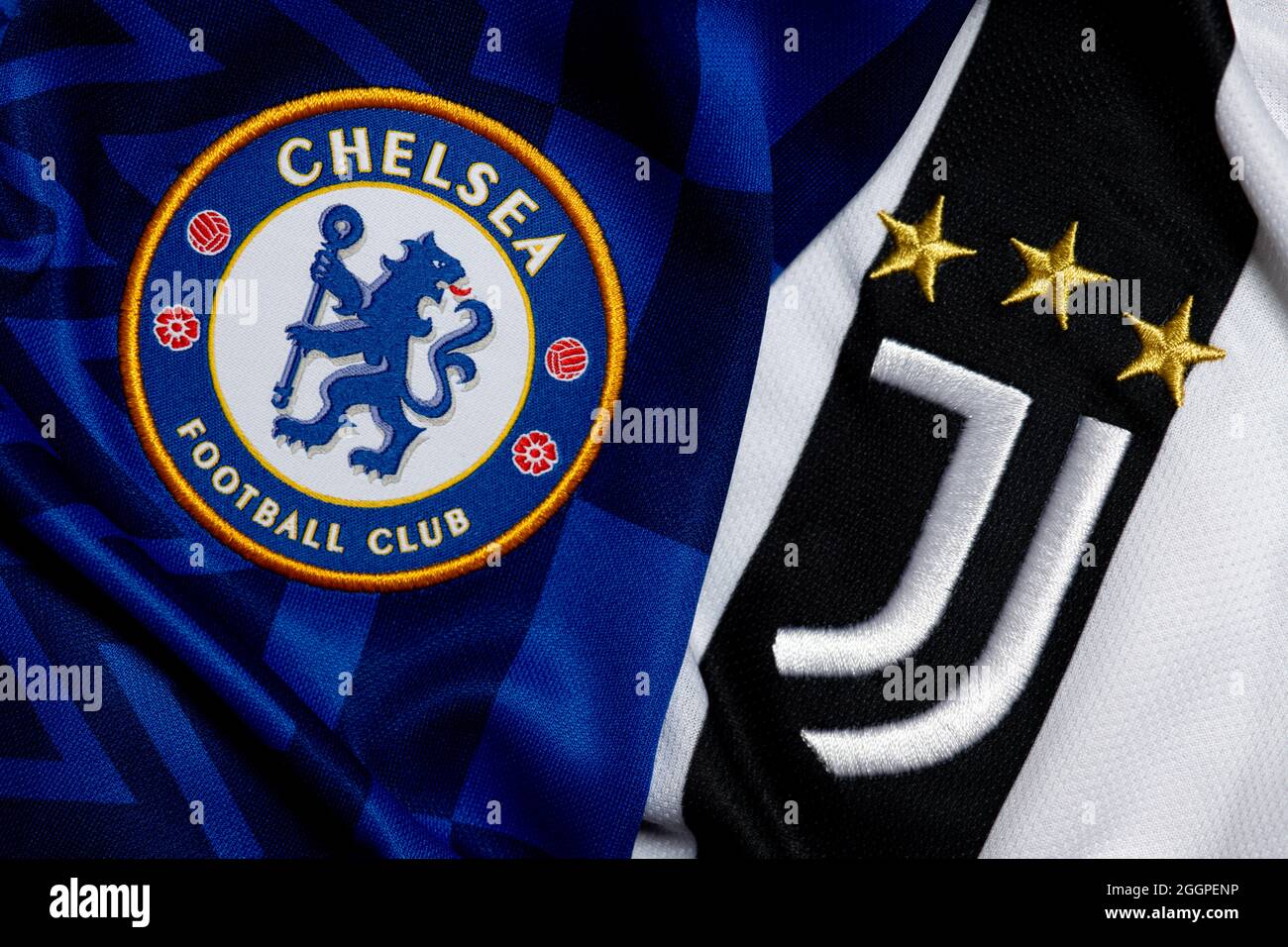 Primo piano dello stemma del club Juventus & Chelsea FC. Foto Stock