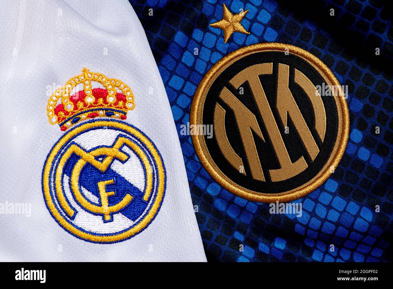 Primo piano della cresta del Real Madrid & Inter club Foto Stock
