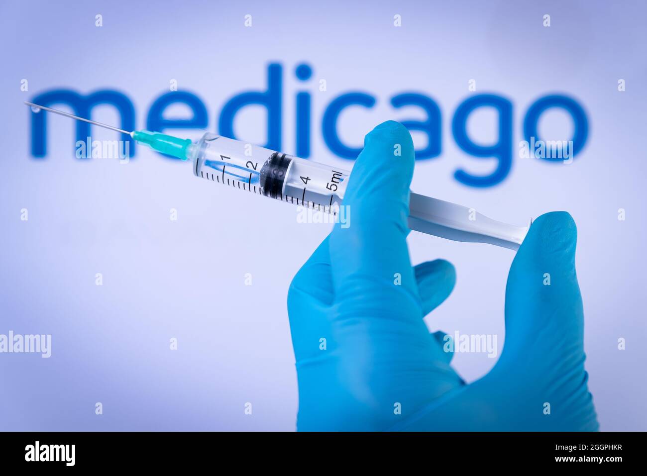 In questa illustrazione della foto una mano in guanti medici tenere una siringa di fronte al logo Medicago a Barcellona, in Spagna, il 2 settembre 2021. Medicago è un n Foto Stock