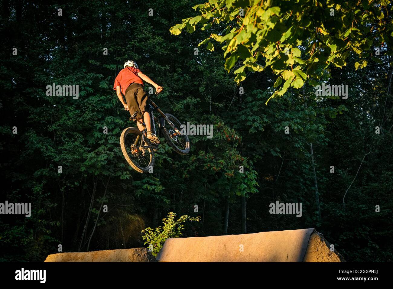 BMX Bike jumping, Loutet dirt jumps skillpark, North Vancouver, British Columbia, Canada Foto Stock