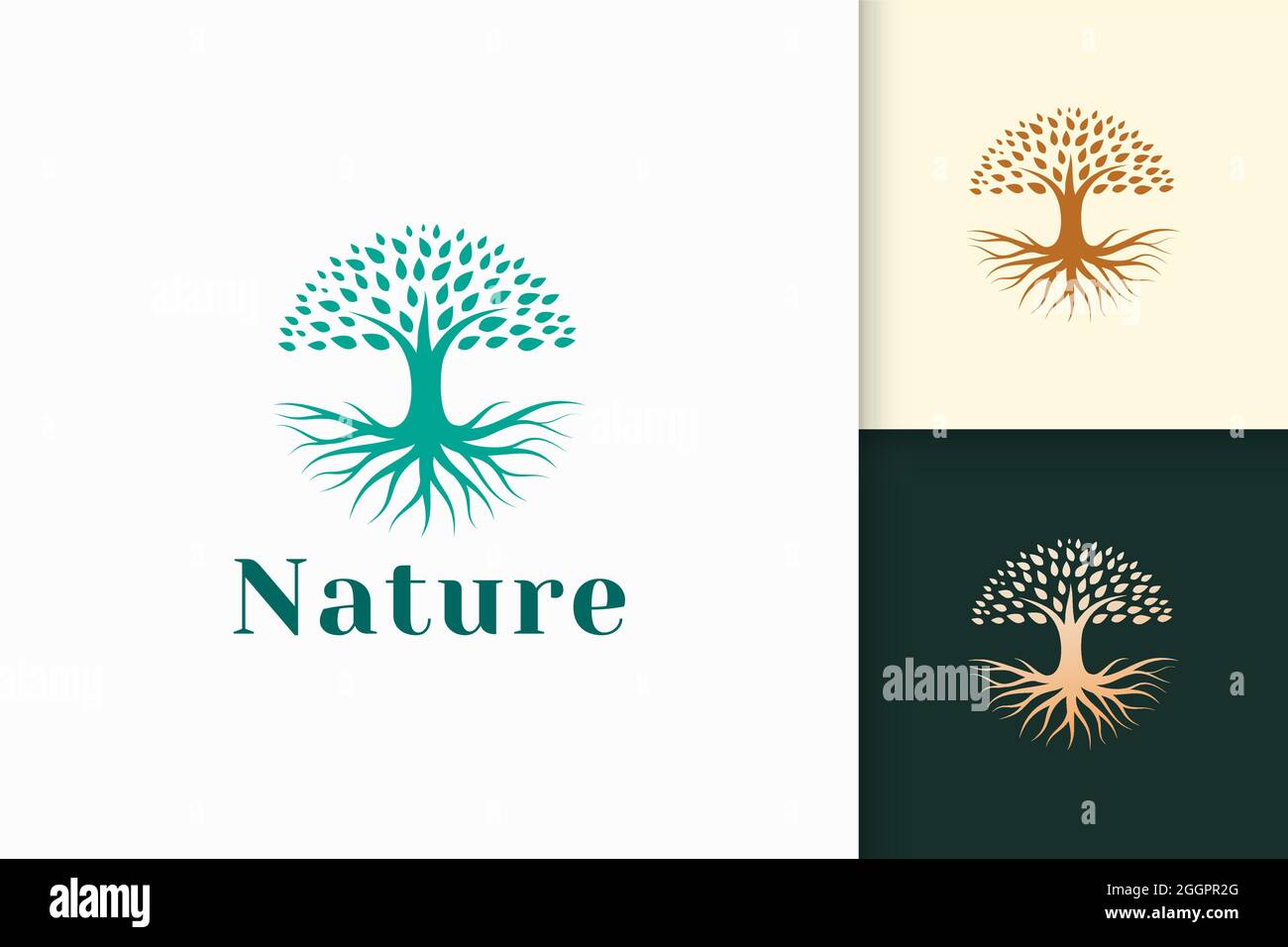 Logo dell'albero circolare con radice di colore verde e forma moderna Illustrazione Vettoriale