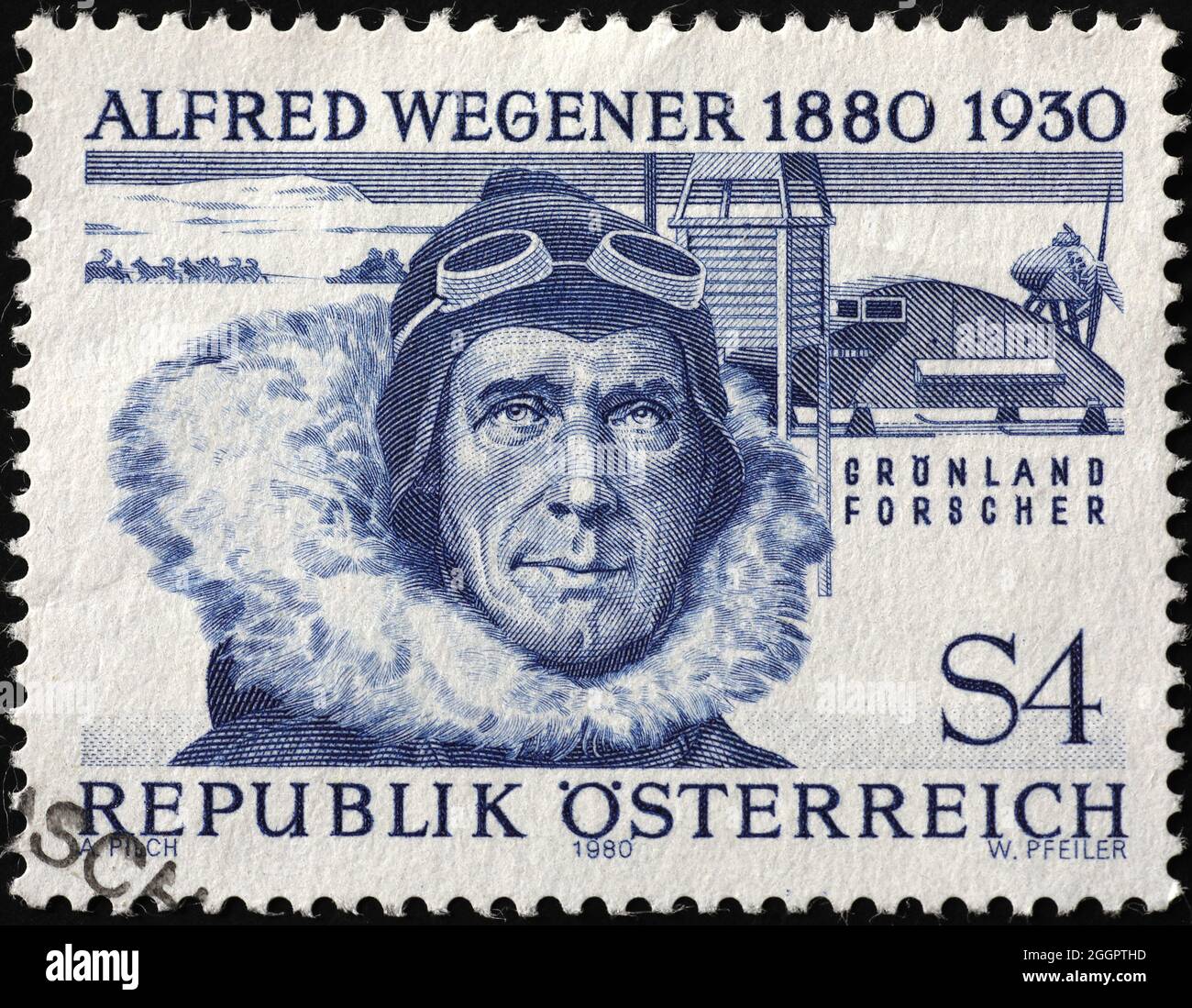 Ritratto di Alfred Wegener su francobollo austriaco Foto Stock