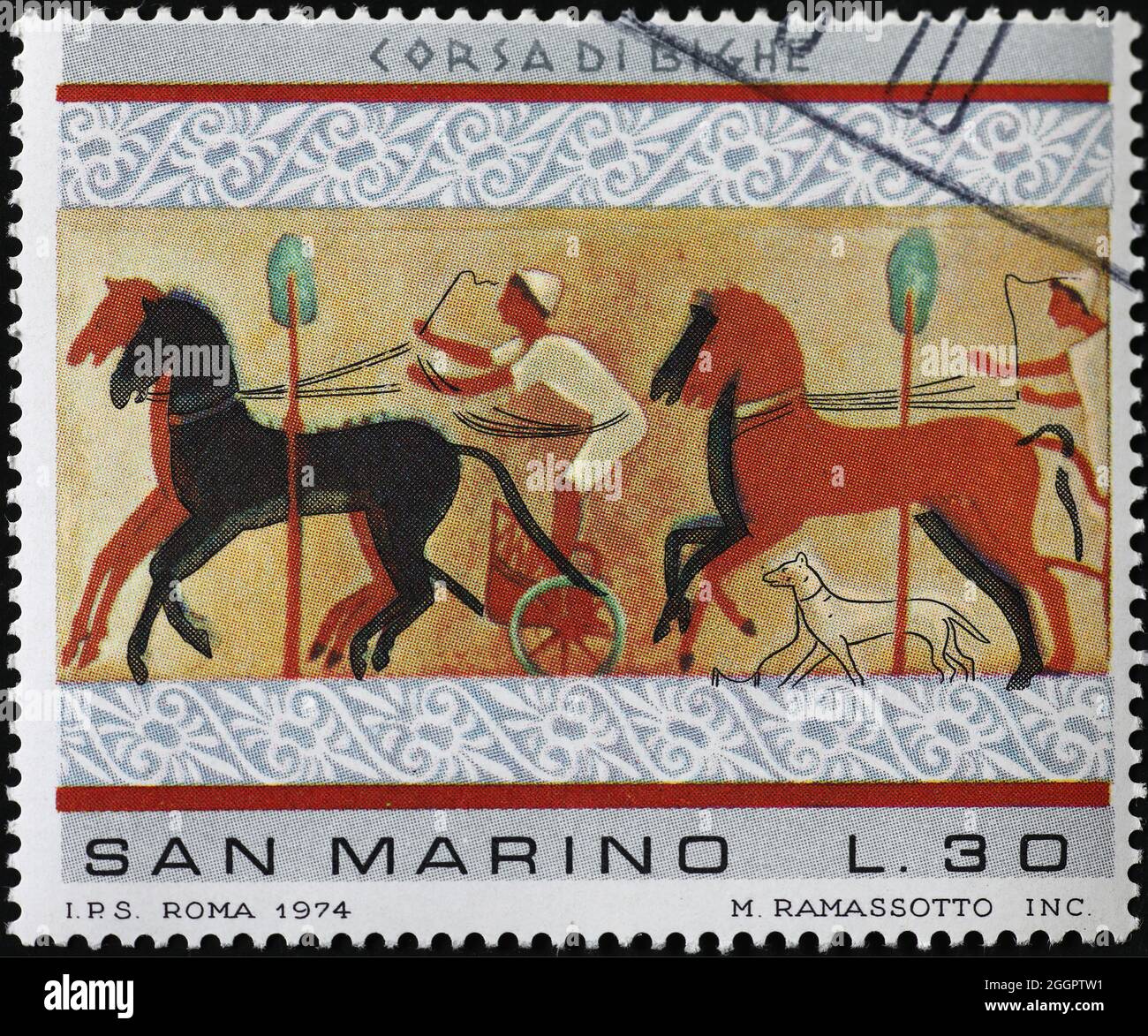 Corsa di carri dell'antico affresco etrusco su francobollo Foto Stock