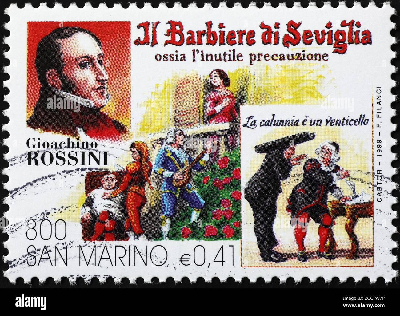 Gioacchino Rossini e la sua opera il barbiere di Siviglia su francobollo Foto Stock