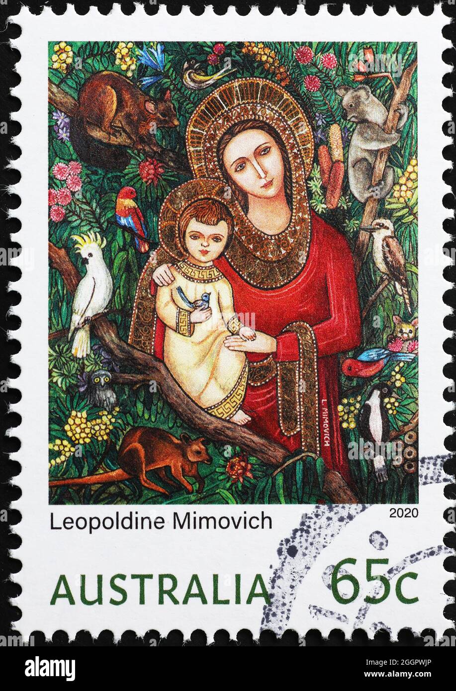 Maria e Gesù circondati da animali australiani su francobollo Foto Stock