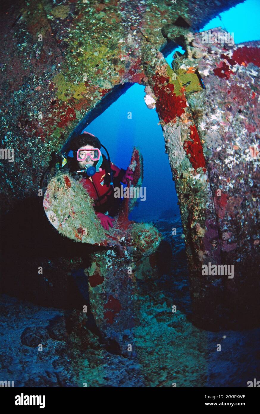 Micronesia. Subacquea donna subacquea con elica naufragio e timone. Foto Stock