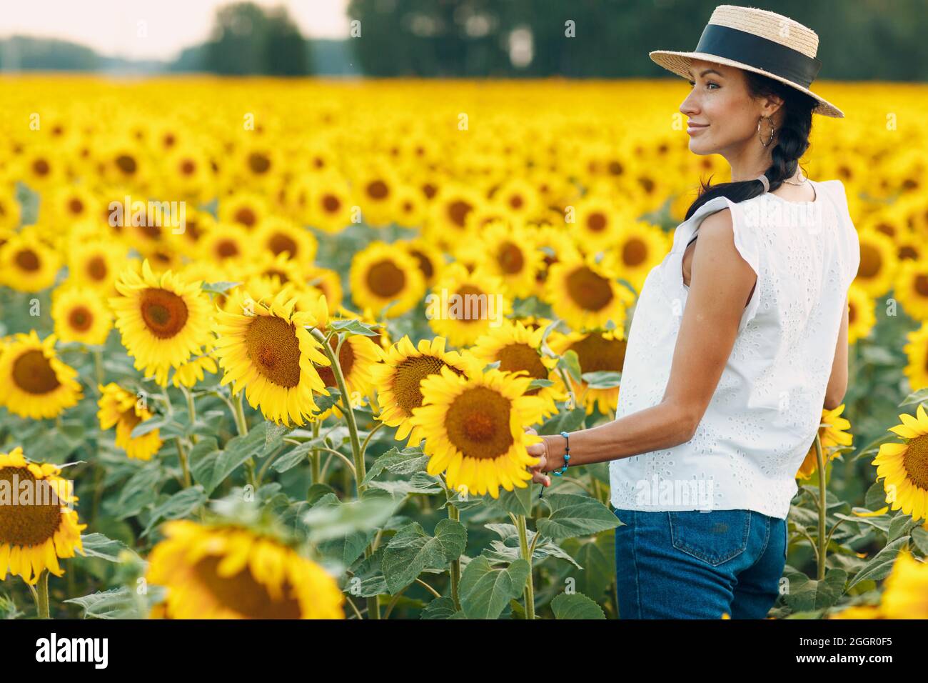 Bella giovane donna in un cappello su un campo di girasoli Foto Stock