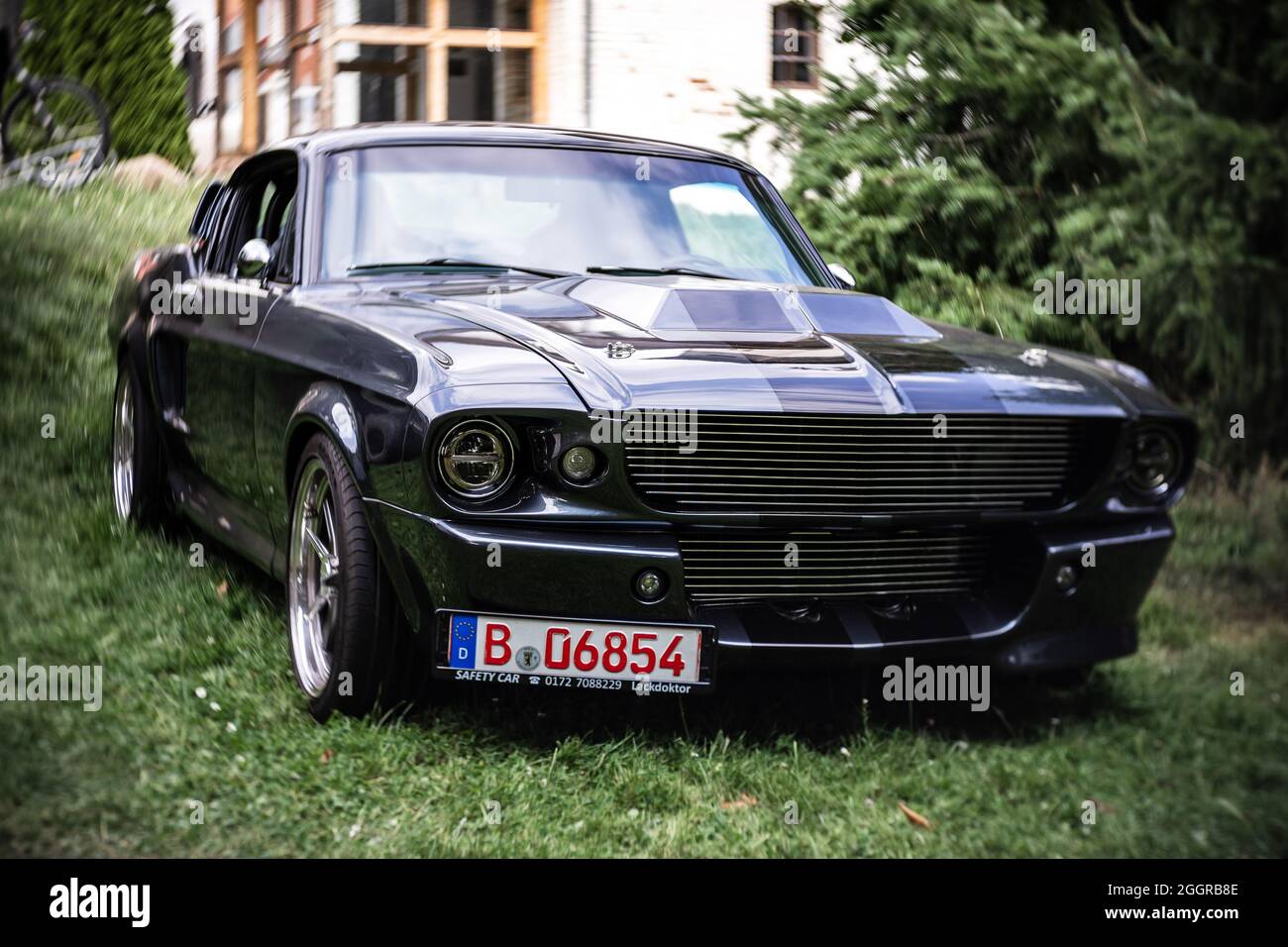 La vettura pony Shelby Cobra GT500, (versione ad alte prestazioni della Ford Mustang). Concentrarsi sul centro. Bokeh vorticoso. La mostra di 'US Car Classics'. Foto Stock