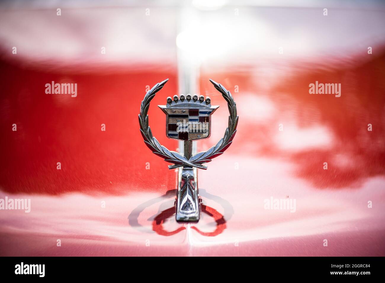 DIEDERSDORF, GERMANIA - 21 AGOSTO 2021: L'emblema di un'auto di lusso di dimensioni standard Cadillac de Ville. La mostra di 'US Car Classics'. Foto Stock