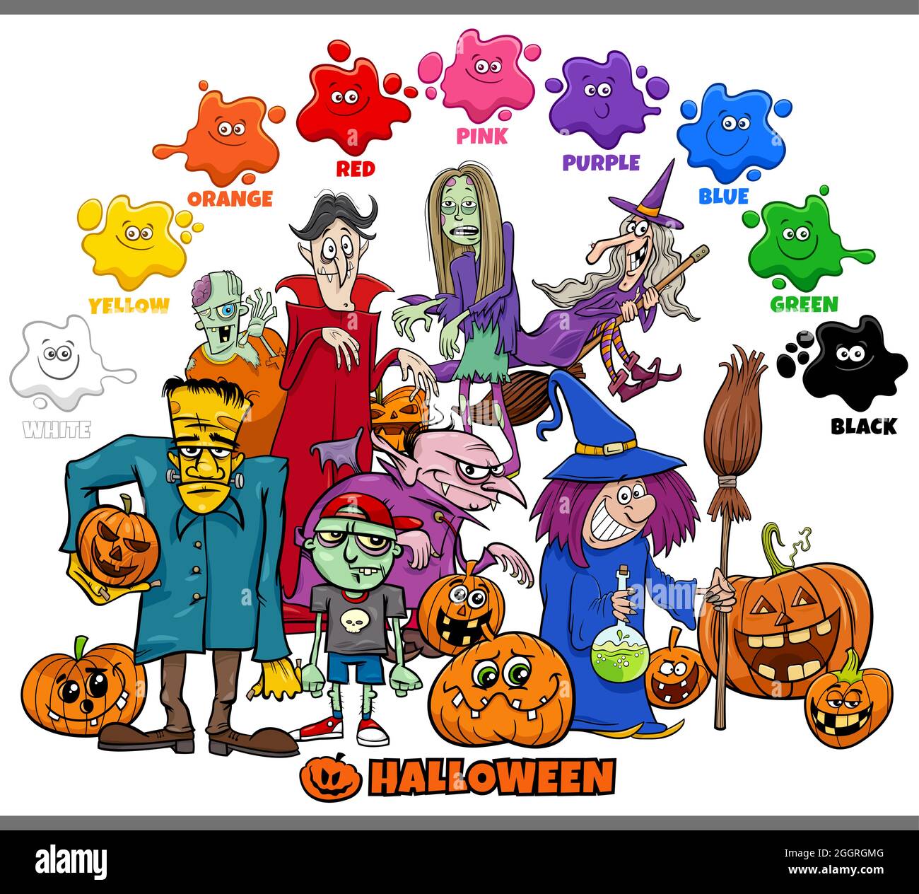 Illustrazione di cartoni animati educativi dei colori di base con il gruppo  dei caratteri di festa di Halloween Immagine e Vettoriale - Alamy