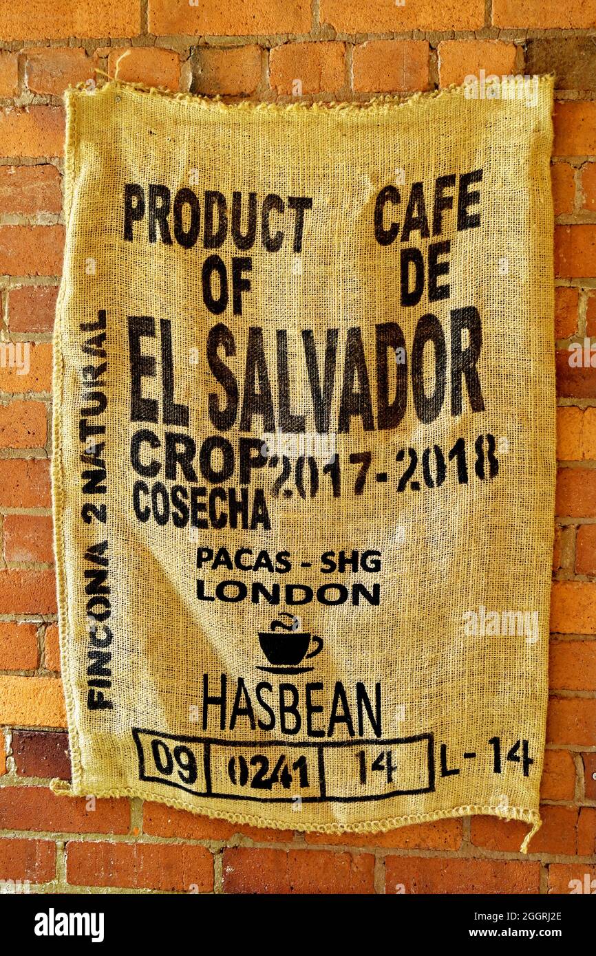 El Salvador hessian caffè raccolto fagiolo sacchetto Foto Stock
