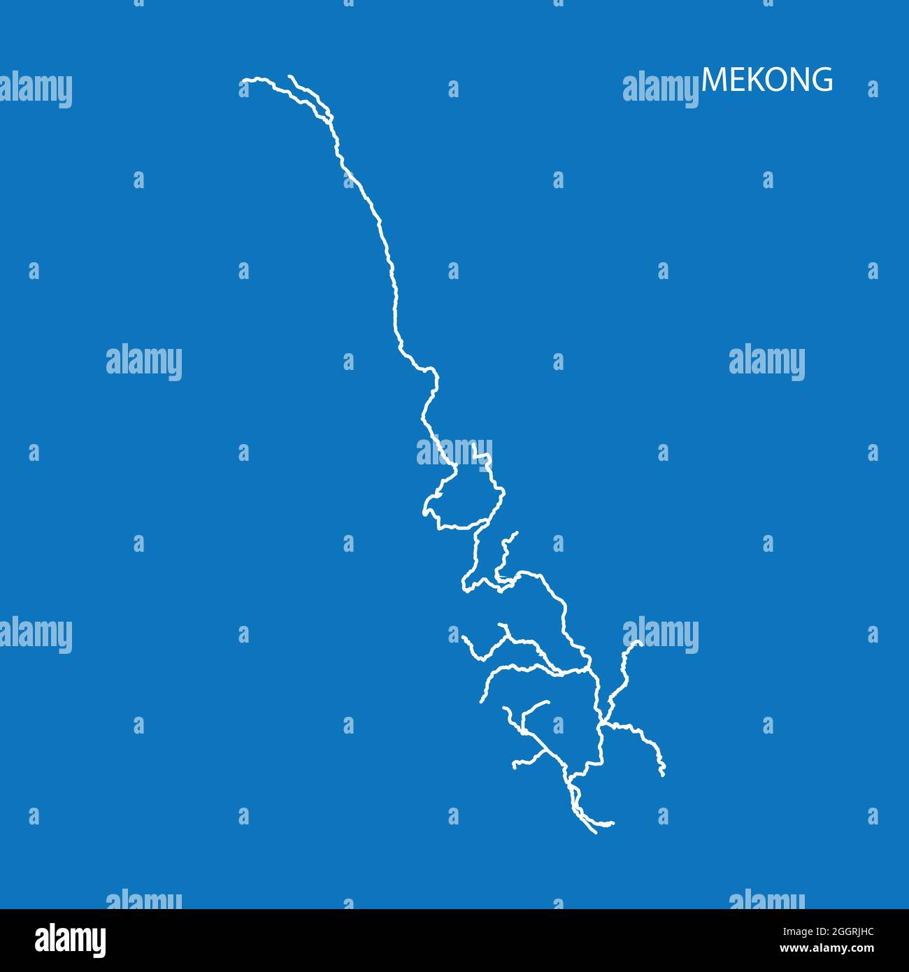 Mappa del bacino di drenaggio del fiume Mekong. Semplice illustrazione vettoriale a contorno sottile. Illustrazione Vettoriale