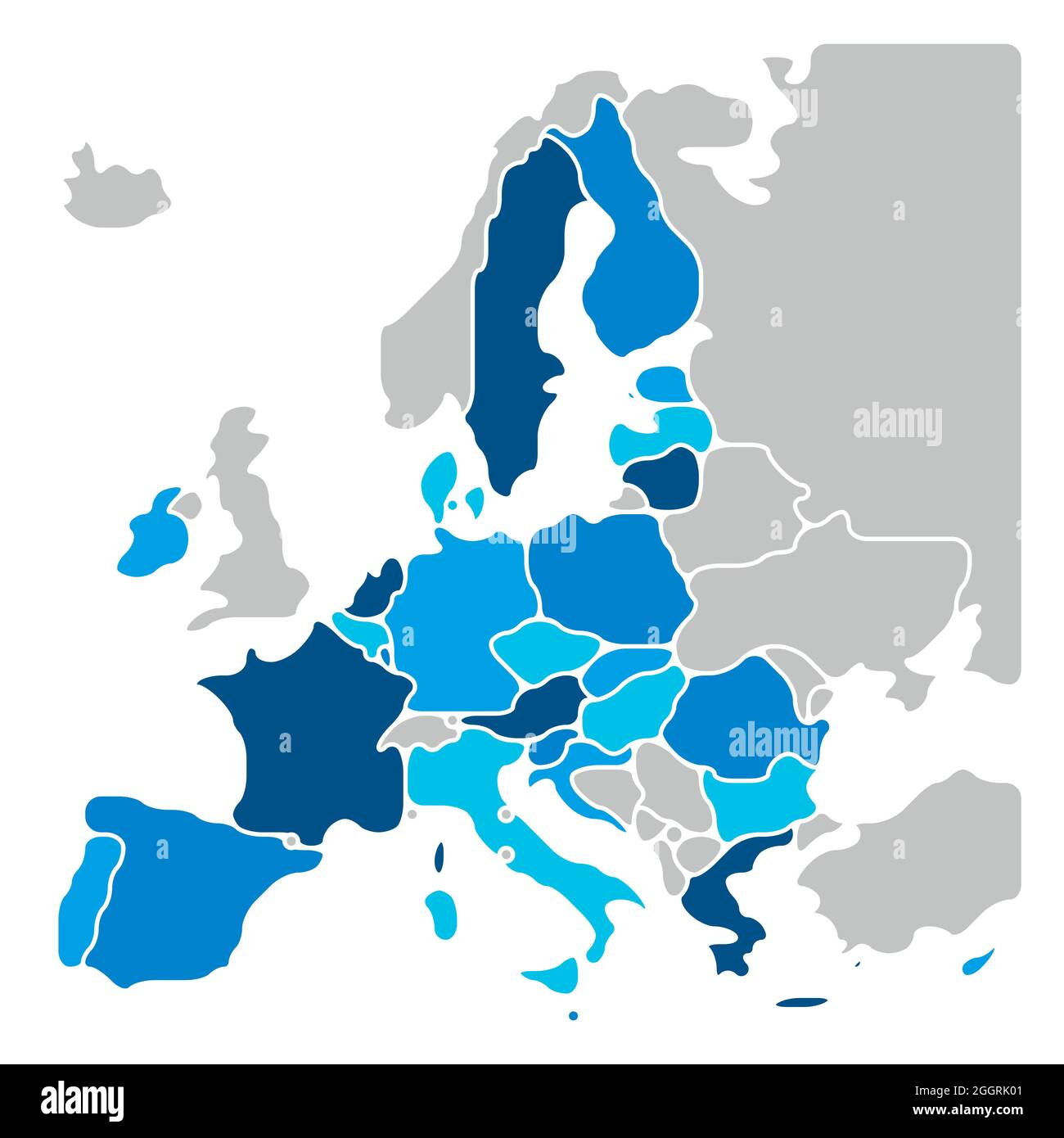 Mappa semplificata dell'UE e dell'Unione europea. Forme arrotondate di stati con bordo smussato. Mappa vettoriale semplice piatta blu. Illustrazione Vettoriale